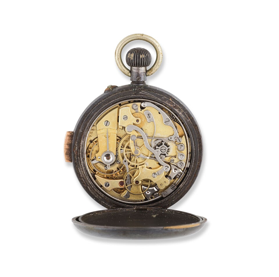 A gunmetal keyless wind open face quarter repeating chronograph pocket watch Chronographe de poc... - 2