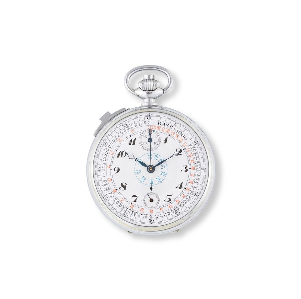 A stainless steel keyless wind open face chronograph pocket watch Chronographe de poche à c... (1 of 2)