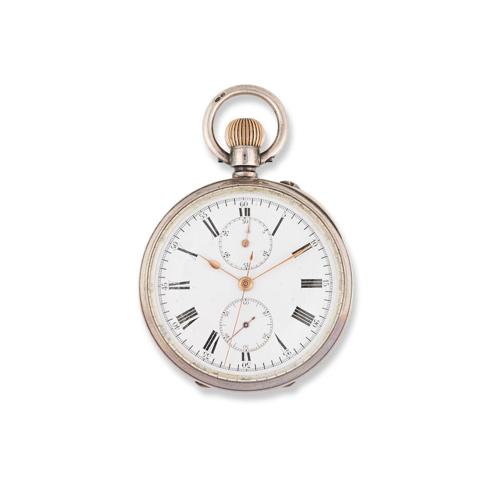 Swiss, examined by J.W. Benson, London. A silver keyless wind open face chronograph pocket watch...: Swiss, examined by J.W. Benson, London. A silver keyless wind open face chronograph pocket watch Suisse, contrôlé par J.W. Benson, Londres. Chronographe de poche à cadran ouvert en