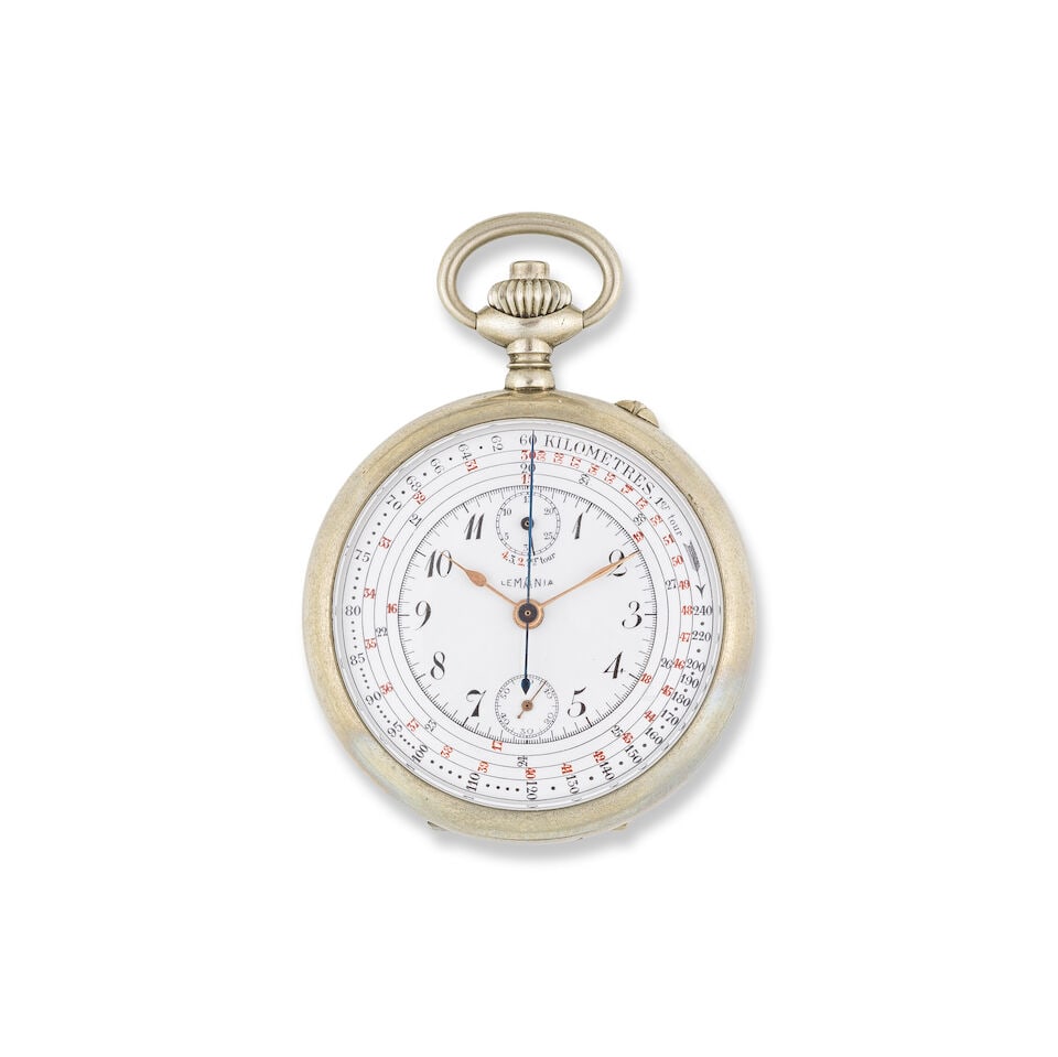 Lemania. A steel keyless wind open face chronograph pocket watch Lemania. Chronographe de poche ... (1 of 2)