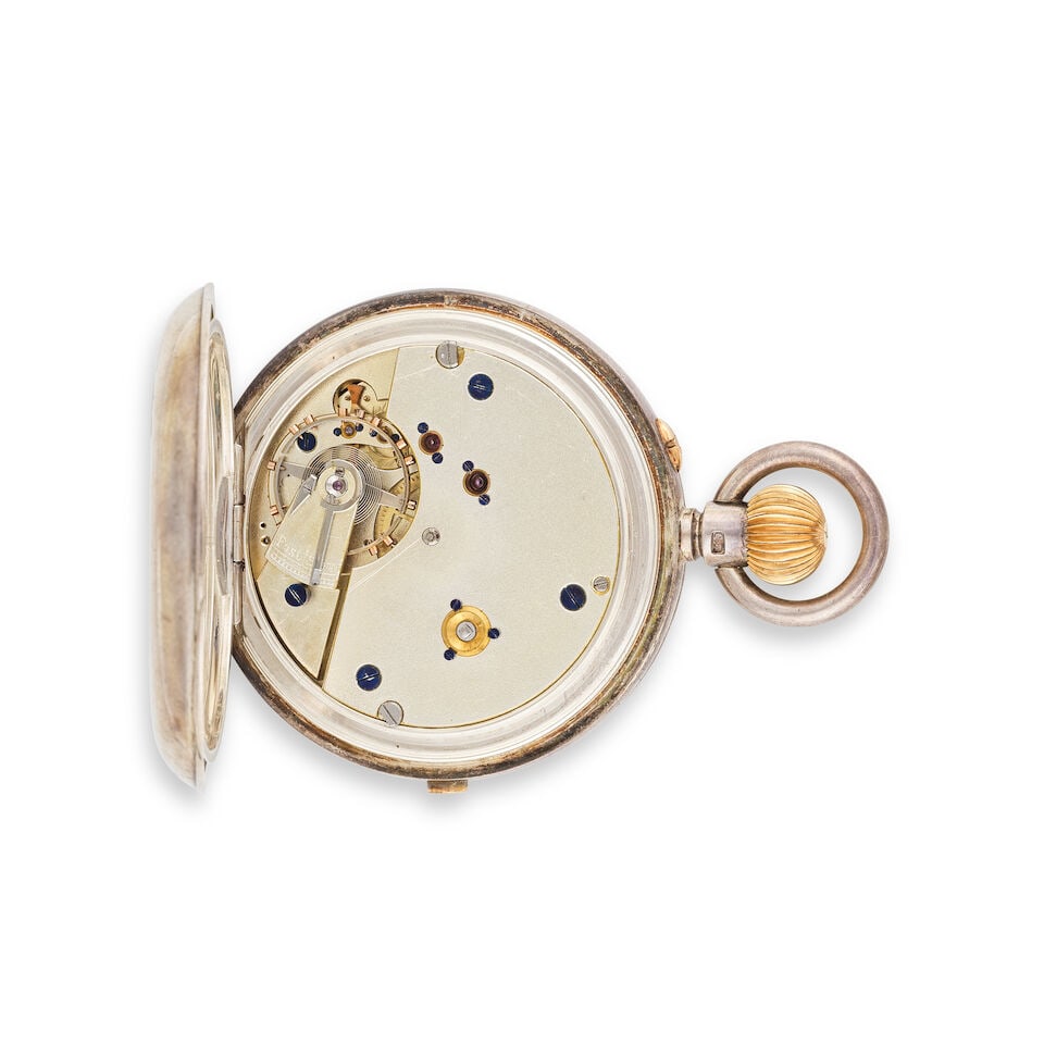 A silver keyless wind half hunter chronograph pocket watch Chronographe de poche semi-ouvert en ... - 2