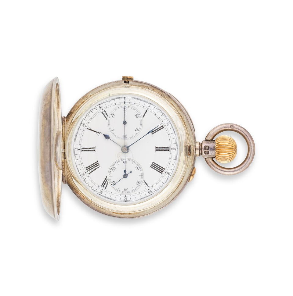 A silver keyless wind half hunter chronograph pocket watch Chronographe de poche semi-ouvert en ... - 3