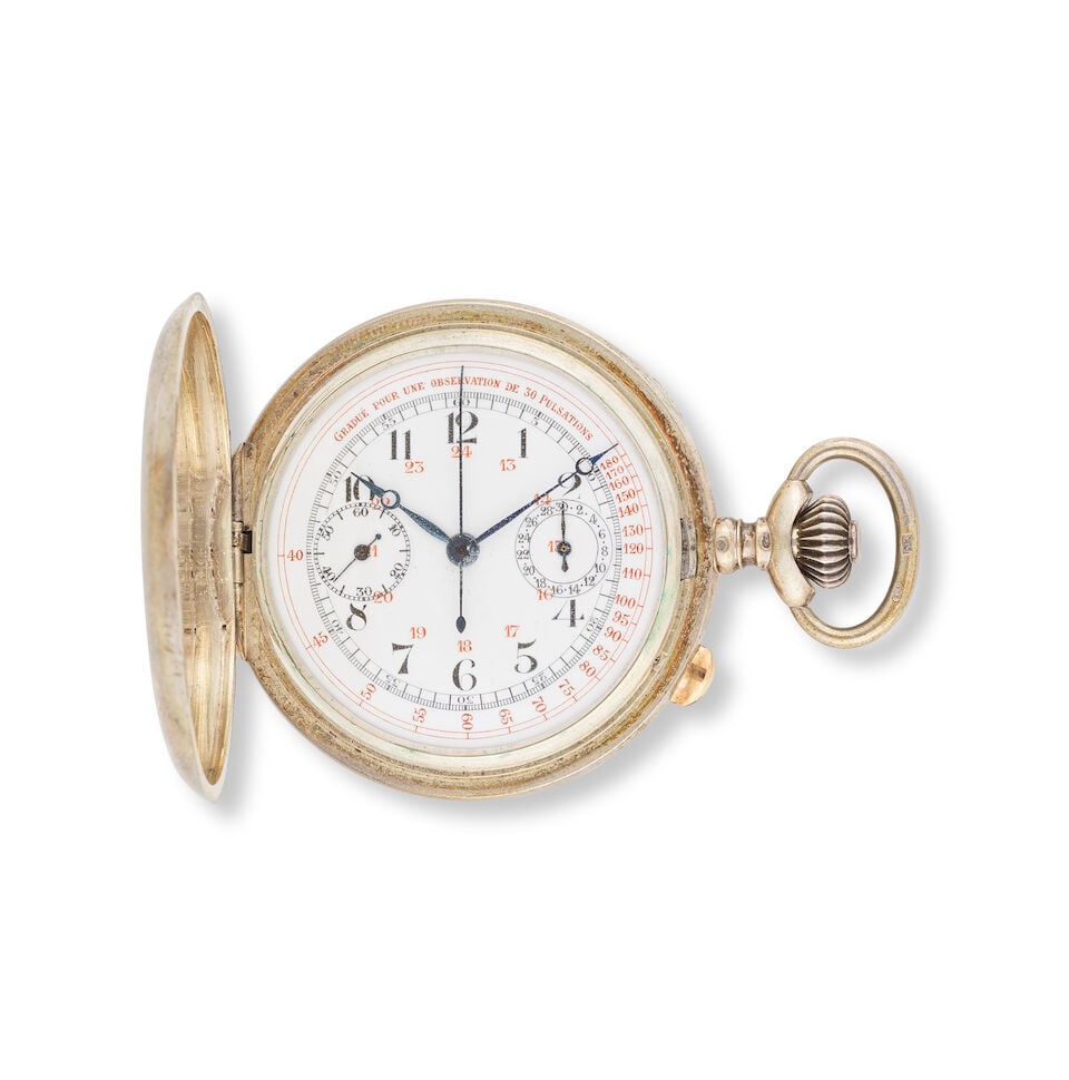A silver keyless wind full hunter chronograph pocket watch Chronographe de poche à clapet e... (1 of 2)