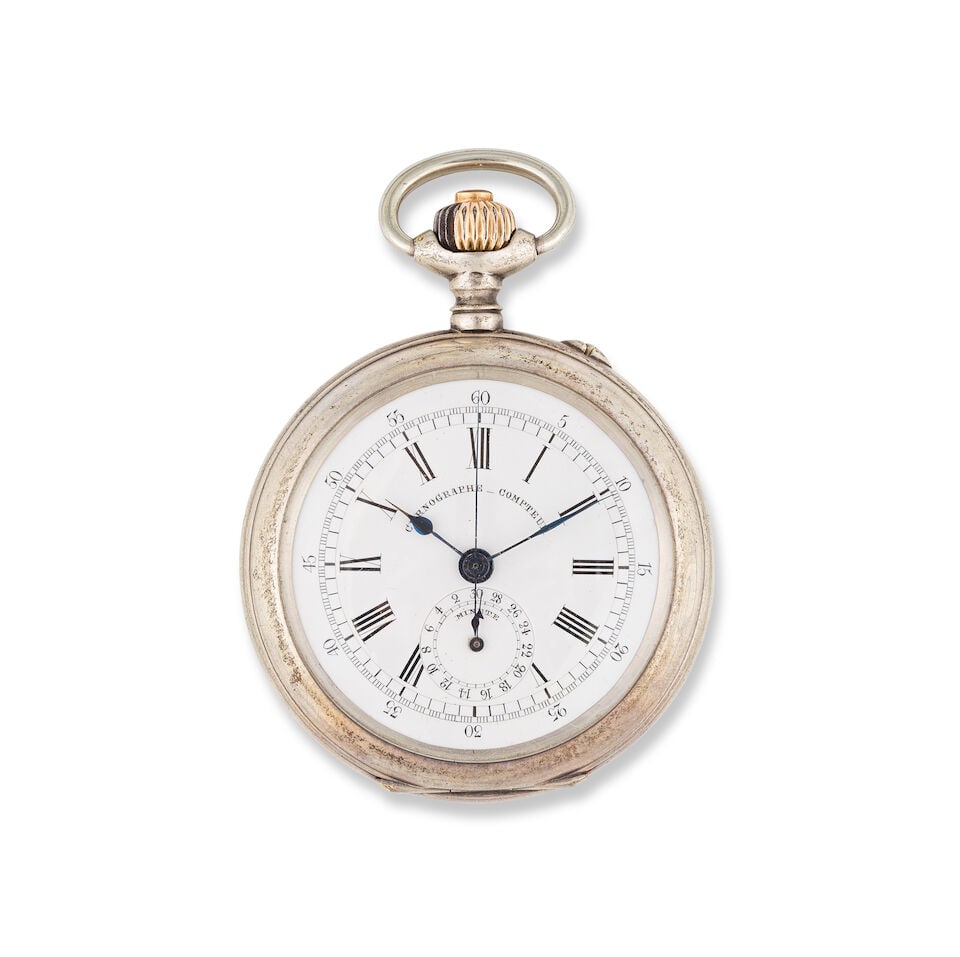 A silver keyless wind open face chronograph pocket watch Chronographe de poche à cadran ouv... (1 of 2)