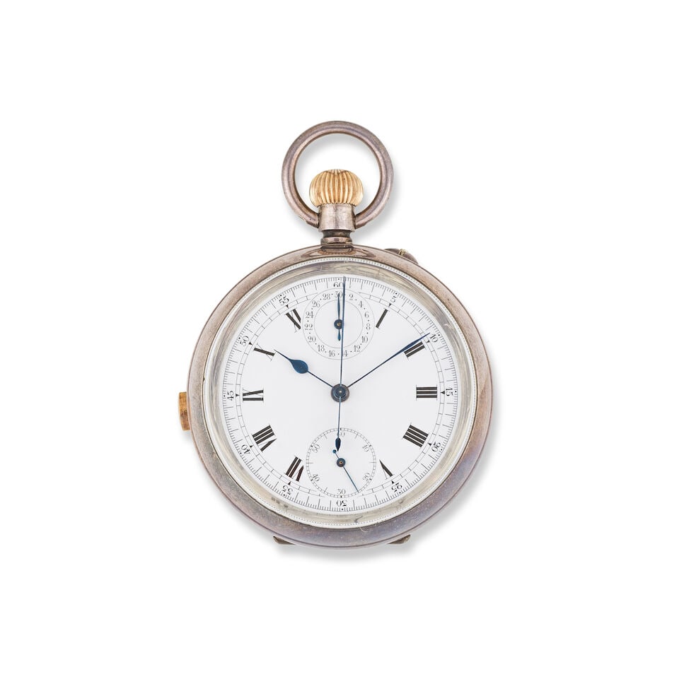 A silver keyless wind open face split second chronograph pocket watch Chronographe de poche ... (1 of 2)
