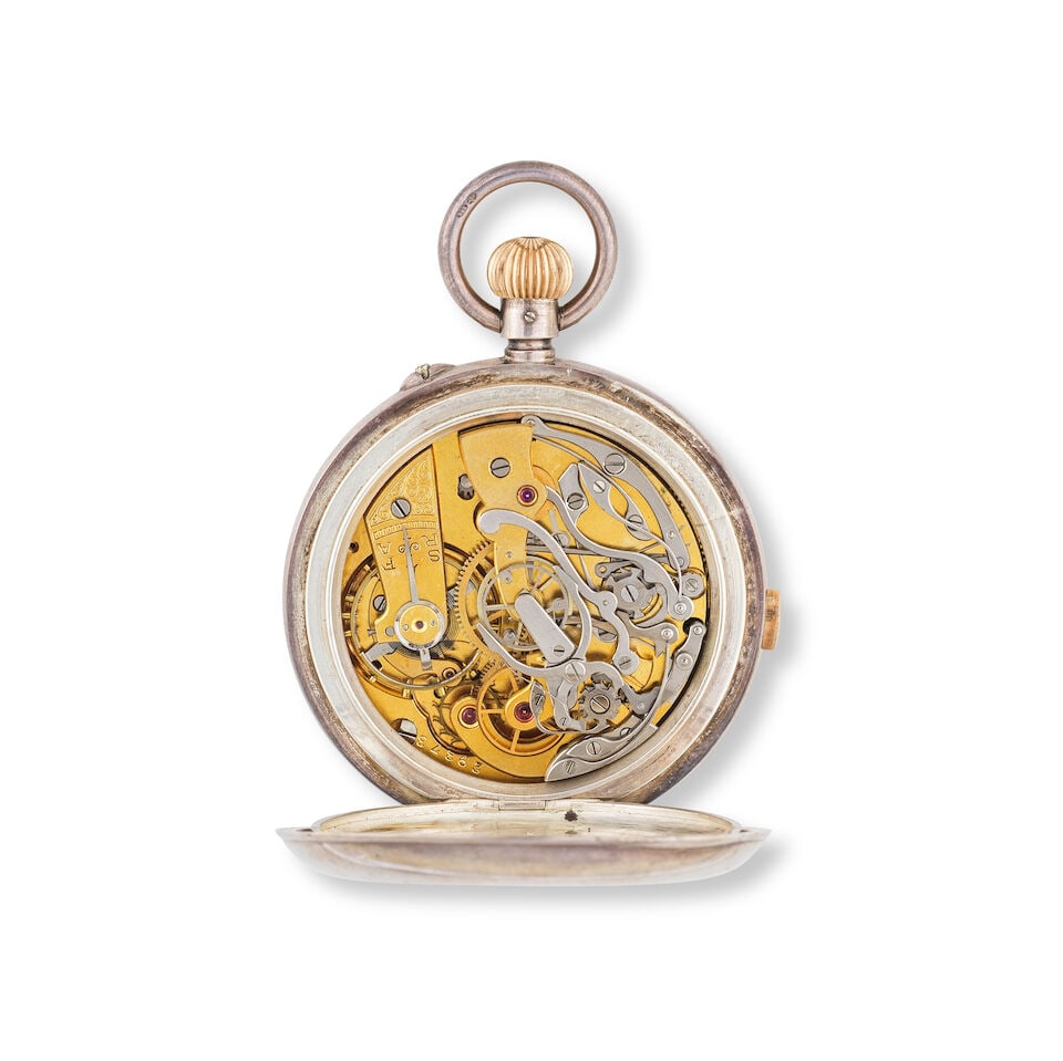 A silver keyless wind open face split second chronograph pocket watch Chronographe de poche ... - 2