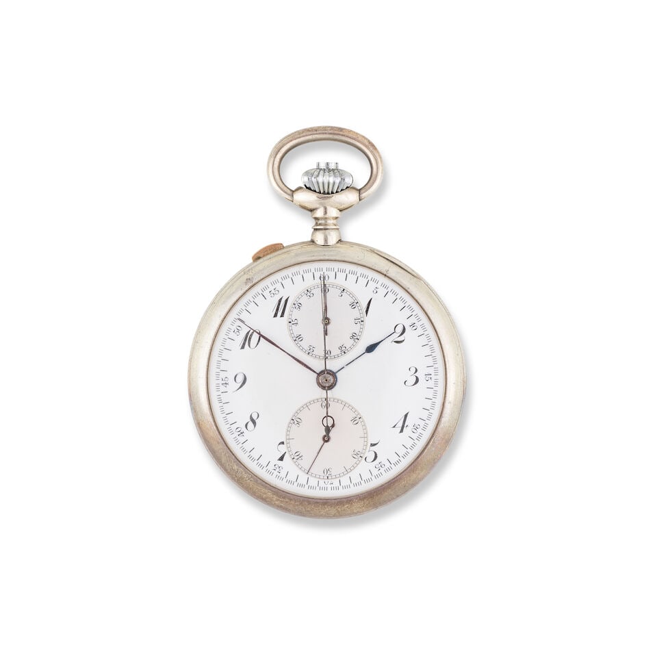A silver keyless wind open face split second chronograph pocket watch Chronographe de poche ... (1 of 3)