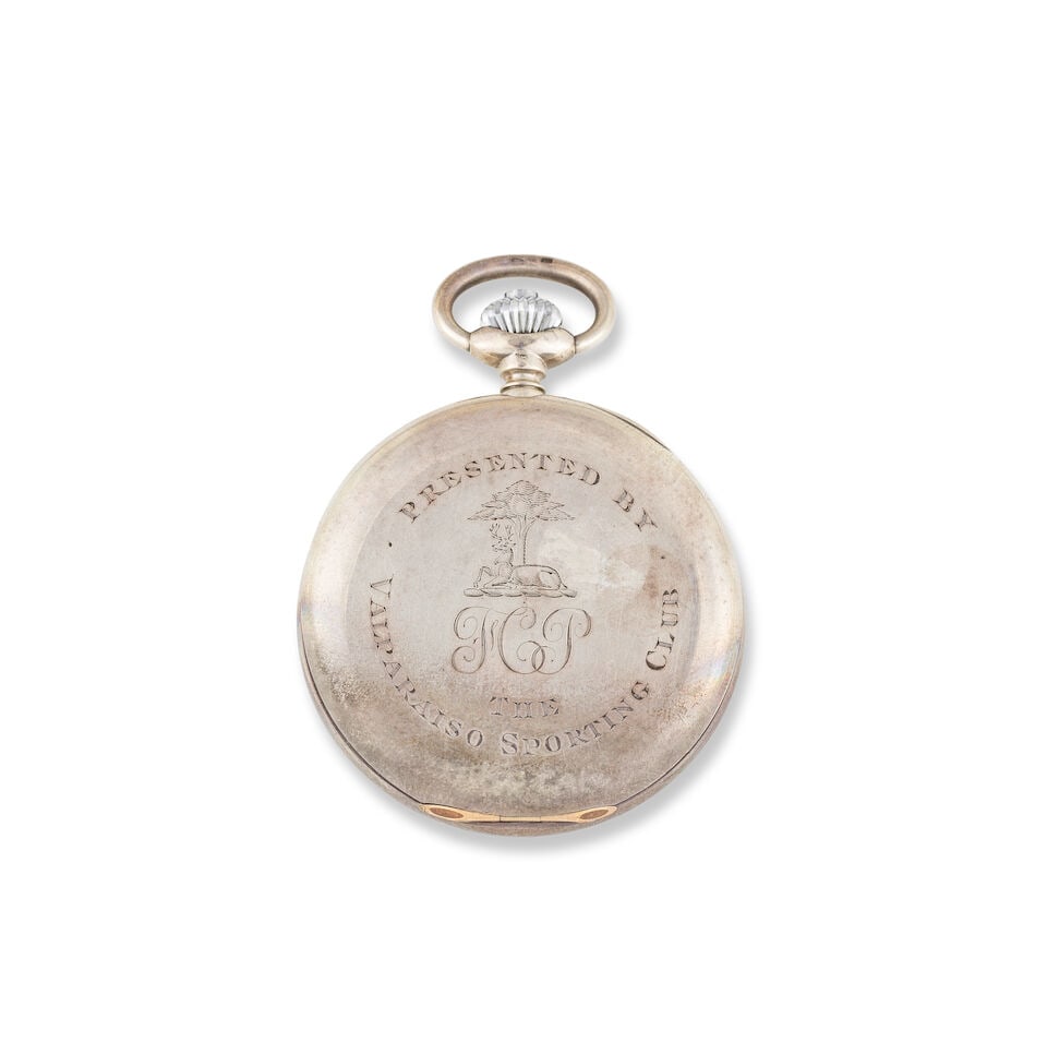 A silver keyless wind open face split second chronograph pocket watch Chronographe de poche ... - 3