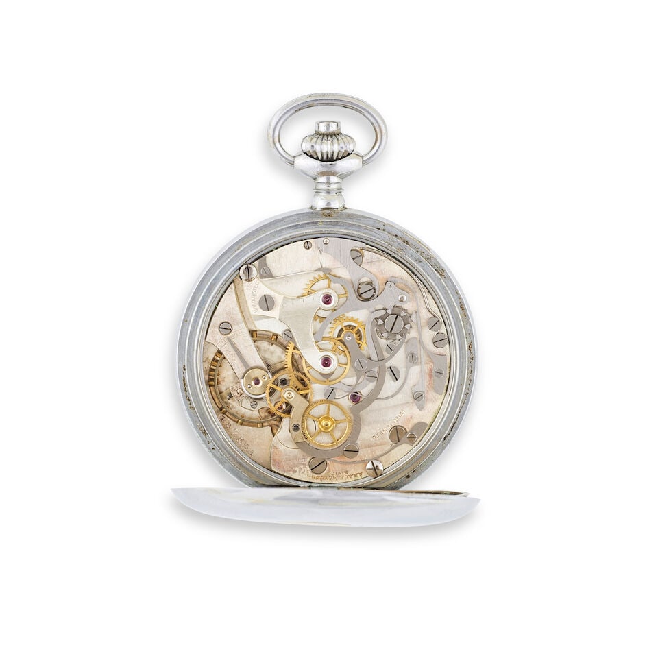 A.R & J.E Meylan. A stainless steel keyless wind open face chronograph pocket watch A.R & J.E Me... - 2