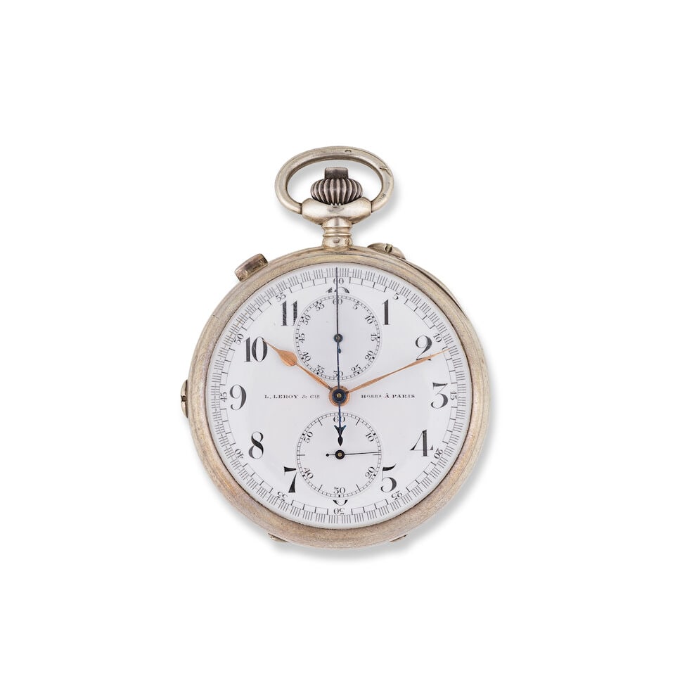 L. Leroy & Cie, Paris. A silver keyless wind open face split second chronograph pocket watch L. ...: L. Leroy & Cie, Paris. A silver keyless wind open face split second chronograph pocket watch L. Leroy & Cie, Paris. Chronographe de poche à cadran ouvert et fonction rattrapante en argent (800)