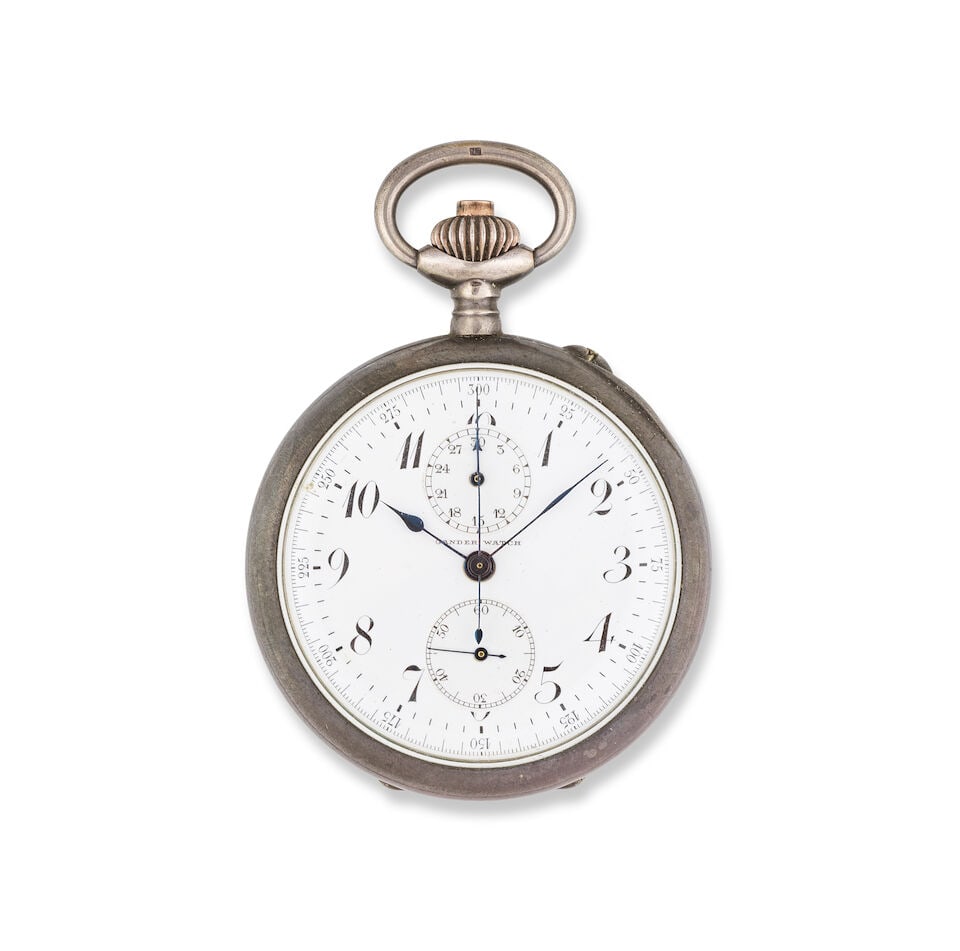 Gander. A silver keyless wind open face chronograph pocket watch Gander. Chronographe de poche &...: Gander. A silver keyless wind open face chronograph pocket watch Gander. Chronographe de poche à cadran ouvert en argent (800) remontoir au pendant Date: Circa 1906 Movement: Swiss lever, cut