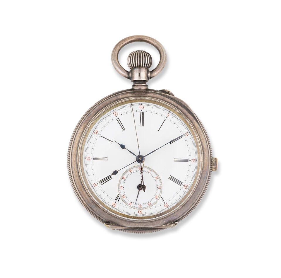 An unusual silver keyless wind open face split second chronograph pocket watch Chronographe de p... (1 of 2)