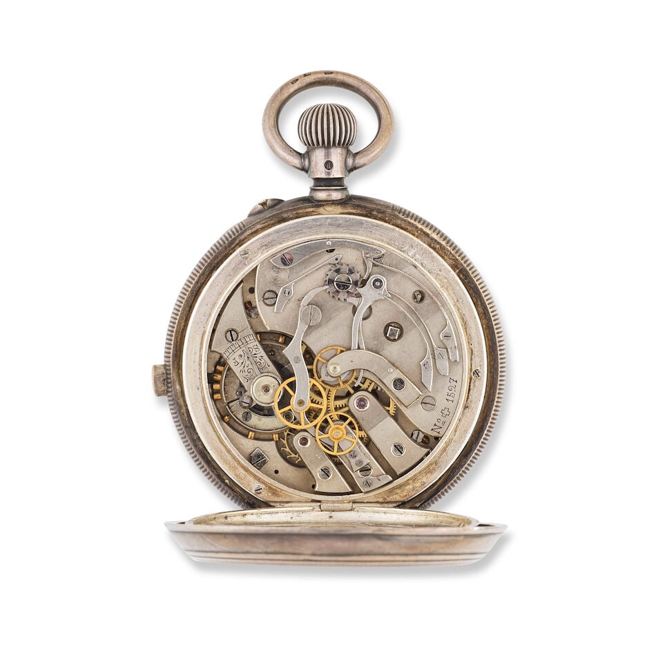 An unusual silver keyless wind open face split second chronograph pocket watch Chronographe de p... - 2