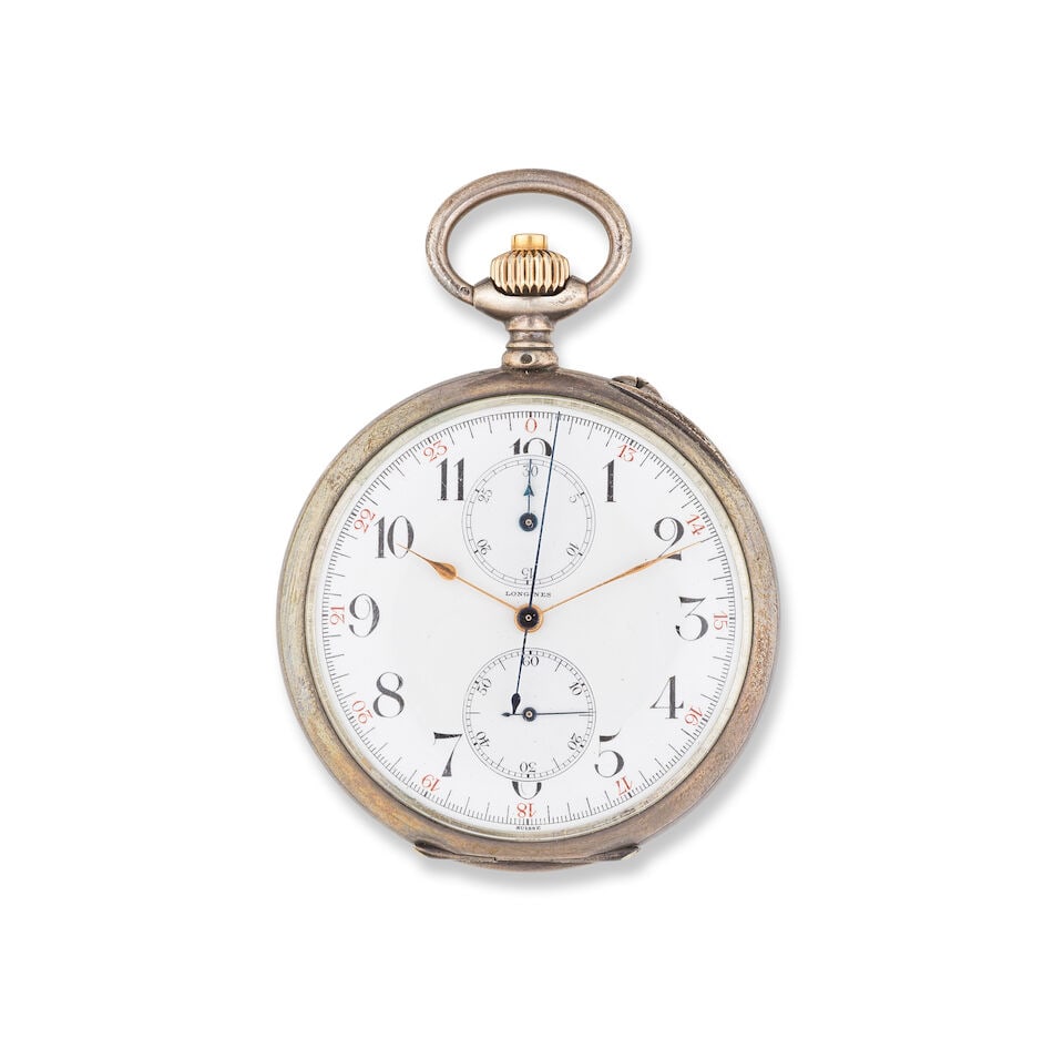 Longines. A silver keyless wind open face chronograph pocket watch Longines. Chronographe de poc... (1 of 3)