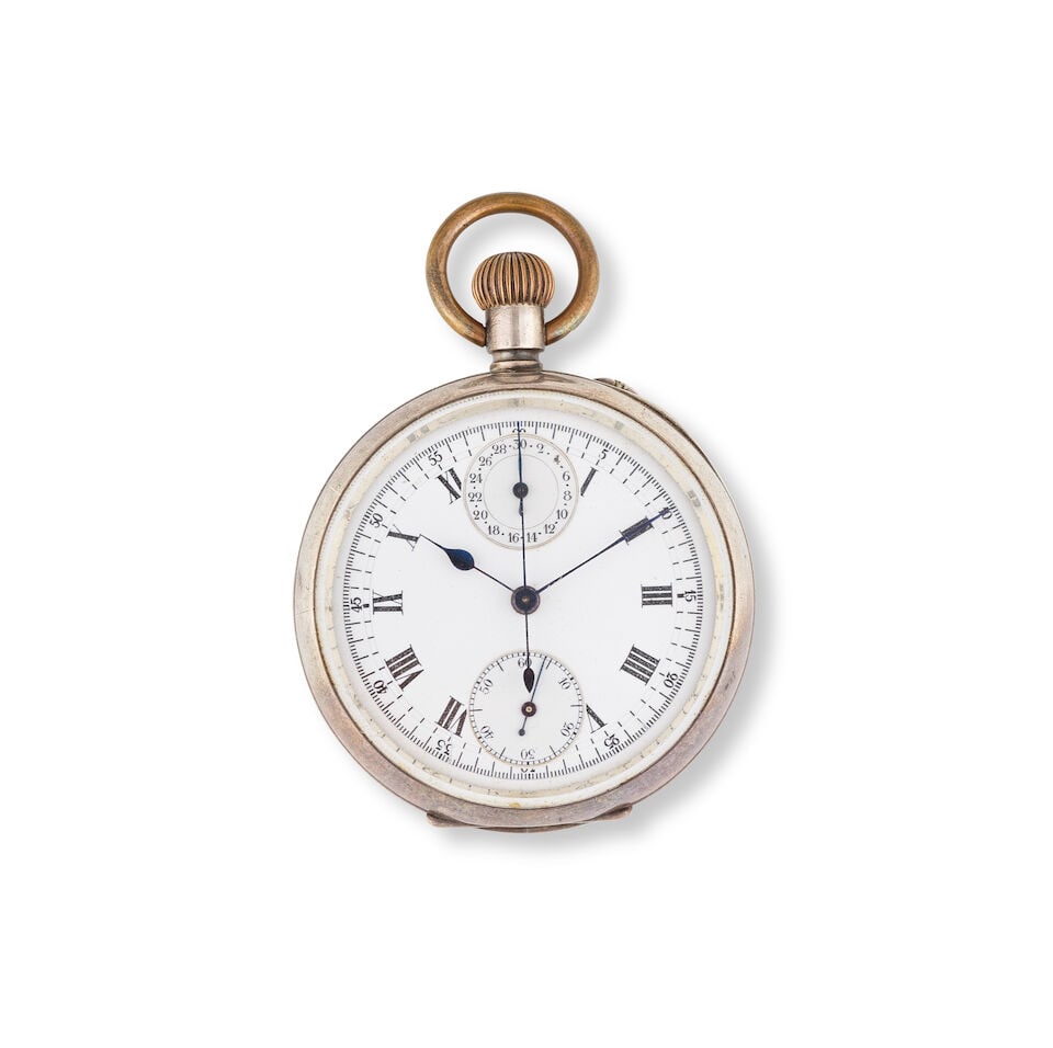 A silver keyless wind open face chronograph pocket watch Chronographe de poche à cadran ouv... (1 of 2)