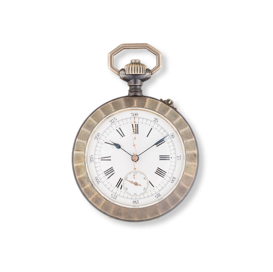 An unusual steel and gunmetal keyless wind open face chronograph pocket watch Chronographe de po... (1 of 2)