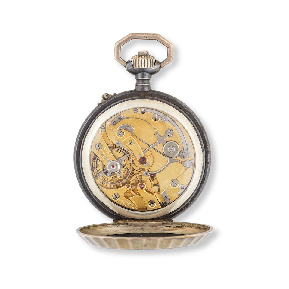 An unusual steel and gunmetal keyless wind open face chronograph pocket watch Chronographe de po... - 2