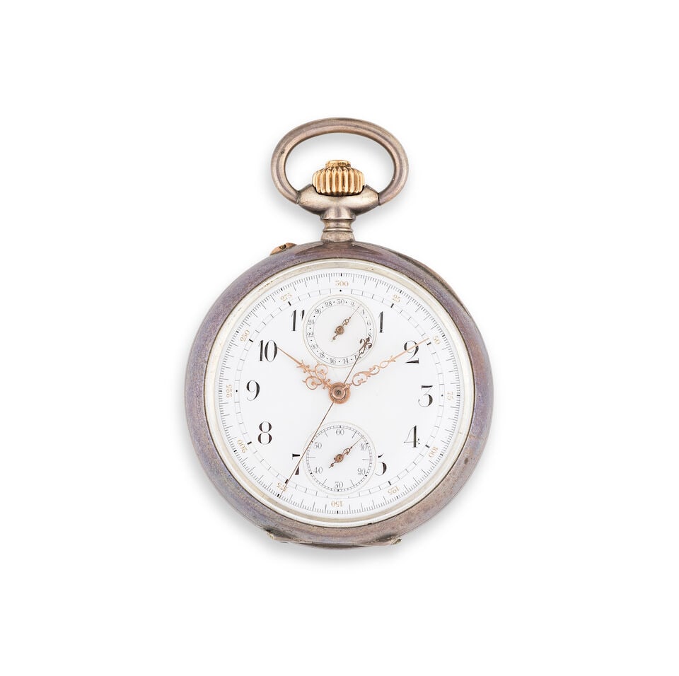 A silver keyless wind open face chronograph pocket watch Chronographe de poche à cadran ouv... (1 of 2)