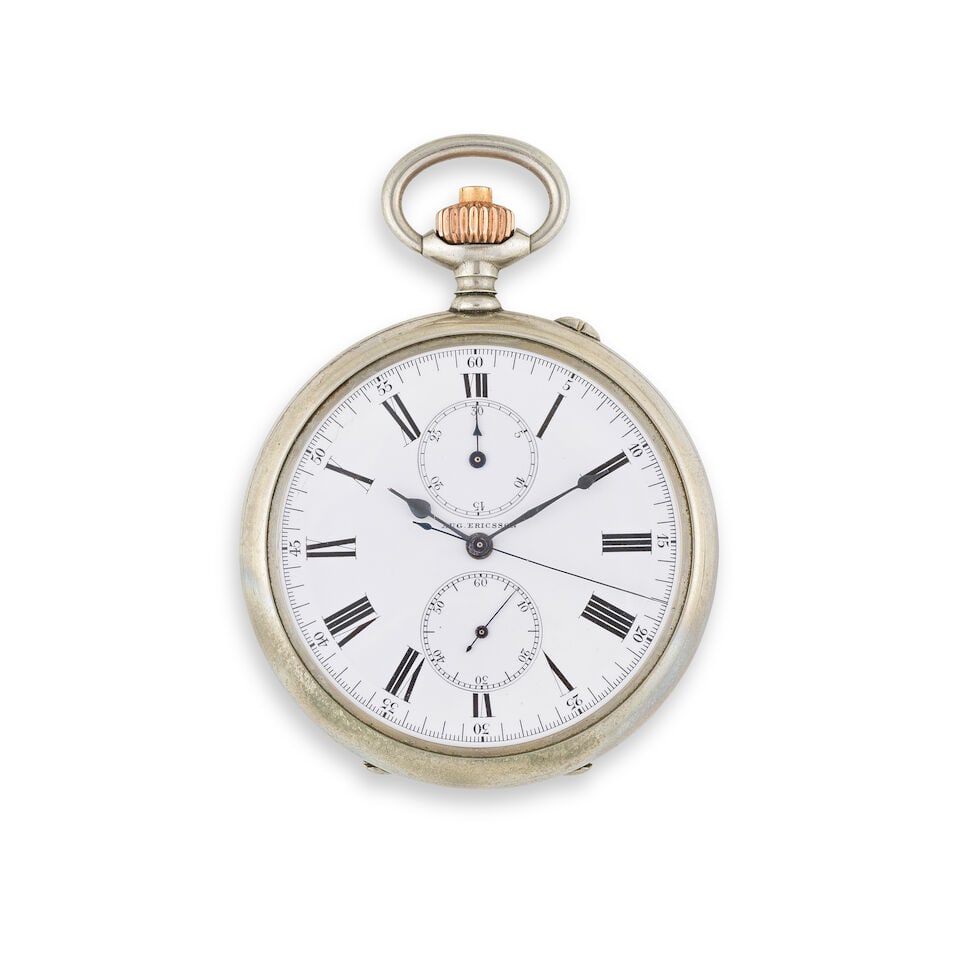 August Ericsson. A steel keyless wind open face chronograph pocket watch August Ericsson. Chrono...: August Ericsson. A steel keyless wind open face chronograph pocket watch August Ericsson. Chronographe de poche à cadran ouvert en acier remontoir au pendant Date: Circa 1920 Movement: Swiss leve