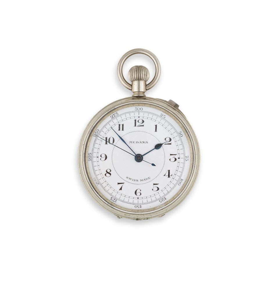 Medana. A nickel keyless wind open face pocket watch with stop switch Medana. Montre de gousset ...: Medana. A nickel keyless wind open face pocket watch with stop switch Medana. Montre de gousset à cadran ouvert et interrupteur en nickel remontoir au pendant Date: Circa 1910 Movement: Gilt thre