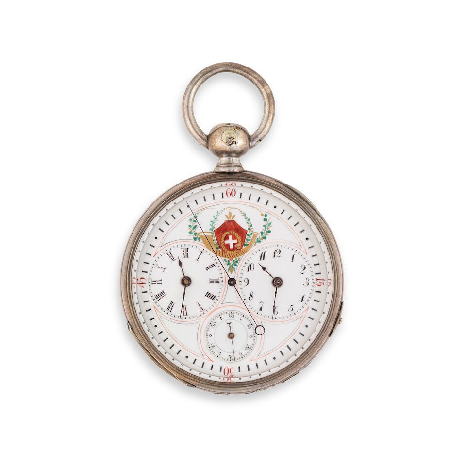 An unusual white metal open face keywind dual time, dual train pocket watch with independant dea...: An unusual white metal open face keywind dual time, dual train pocket watch with independant dead centre seconds Montre de gousset à cadran ouvert en metal à double cadran et seconde morte