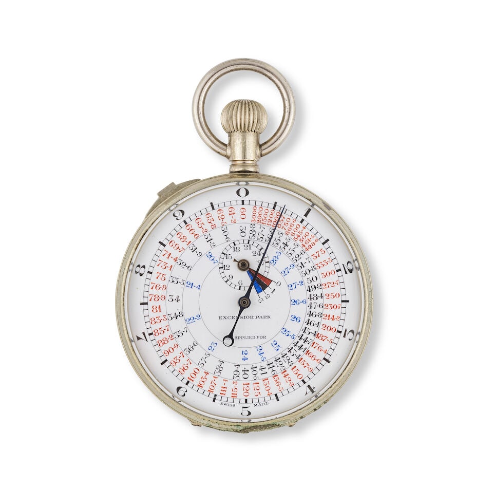 Excelsior Park. An unusual stainless steel keyless wind lever flyback open face pocket watch wit...: Excelsior Park. An unusual stainless steel keyless wind lever flyback open face pocket watch with stop switch and Decimal minute Excelsior Park. Chronographe stop watch de torpille et d'artillerie ave