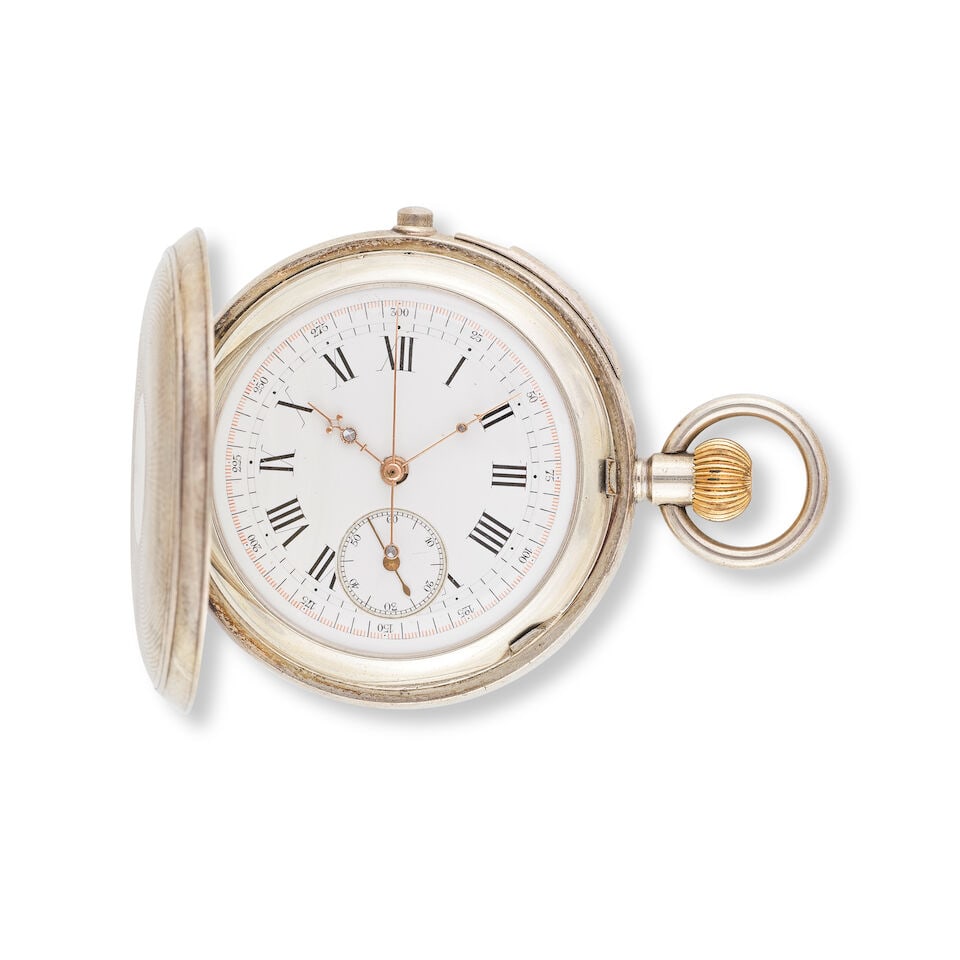 A. Lugrin. A silver keyless wind full hunter quarter repeating chronograph pocket watch A. Lugri... (1 of 2)