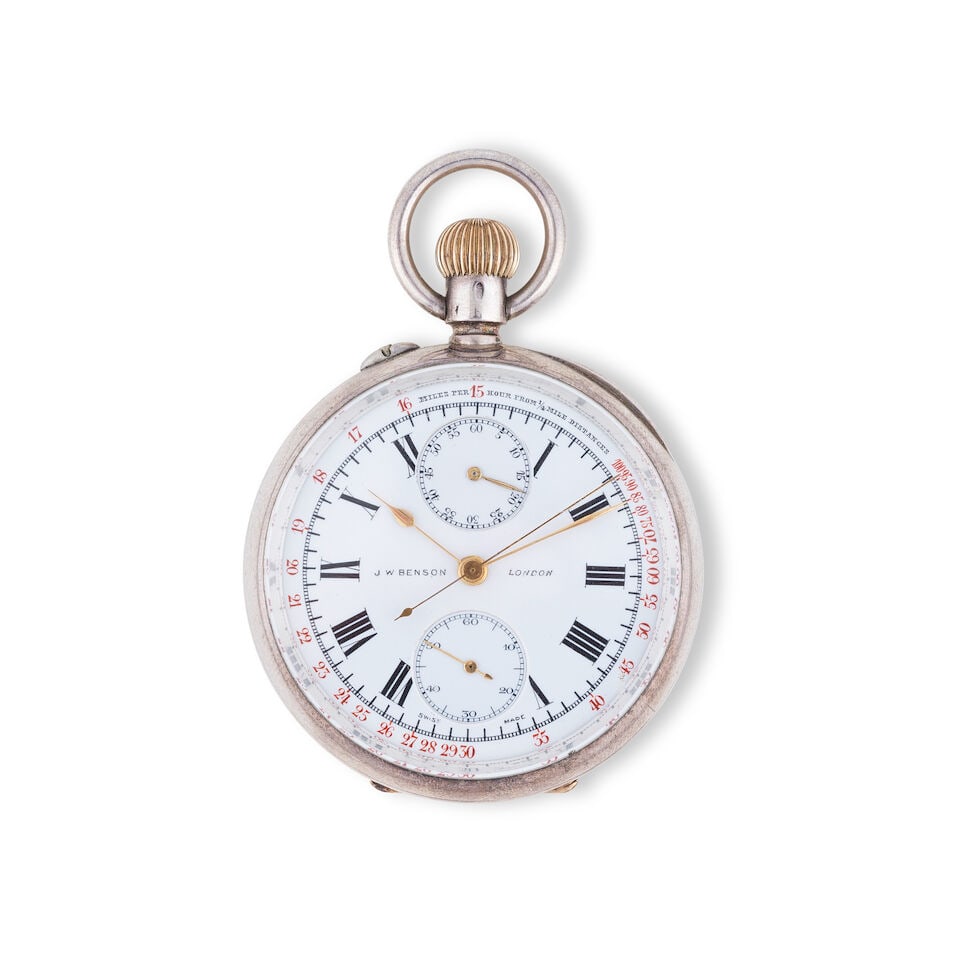 J.W. Benson, London. A silver keyless wind open face chronograph pocket watch J.W. Benson, Lond...: J.W. Benson, London. A silver keyless wind open face chronograph pocket watch J.W. Benson, London. Chronographe de poche à cadran ouvert en argent (800) remontoir au pendant Date: Circa