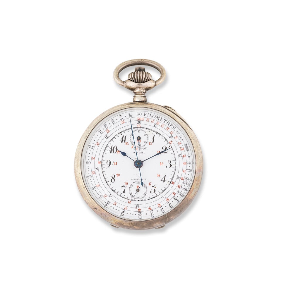 J. Auricoste. A silver keyless wind open face chronograph pocket watch J. Auricoste. Chronograph...: J. Auricoste. A silver keyless wind open face chronograph pocket watch J. Auricoste. Chronographe de poche à cadran ouvert en argent (800) remontoir au pendant Date: Circa 1920 Movement: Swiss
