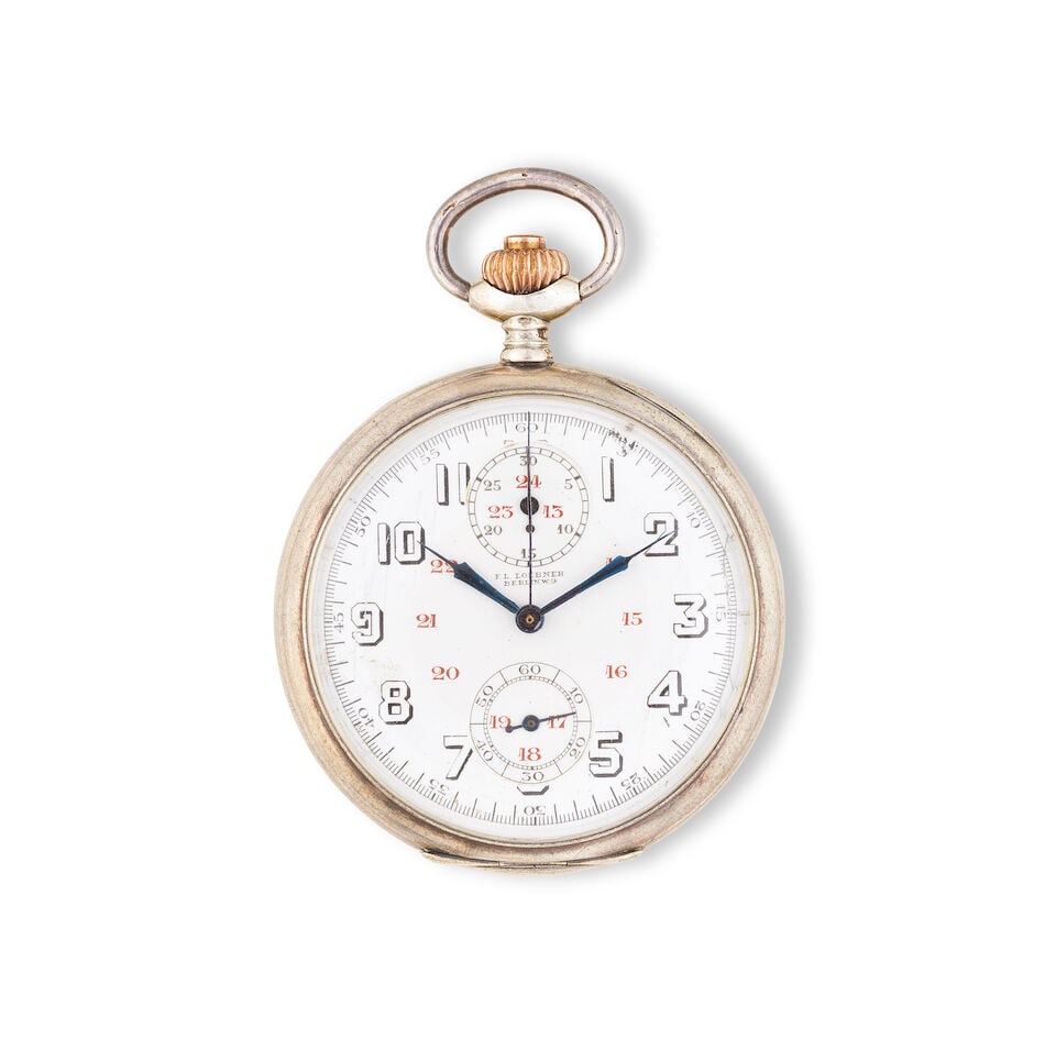Loebner, Berlin. A silver keyless wind open face chronograph pocket watch Loebner, Berlin. Chron... (1 of 2)