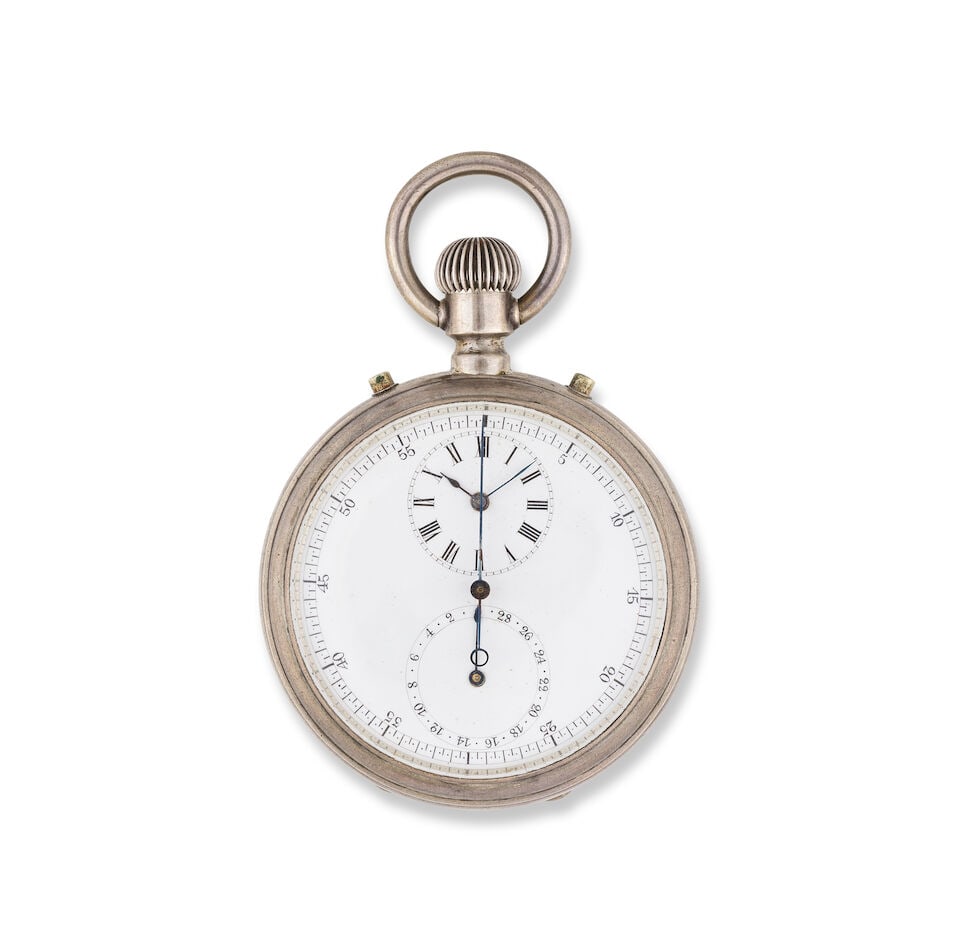 A silver regulator style chronograph keyless wind open face pocket watch Chronographe de poche t... (1 of 2)