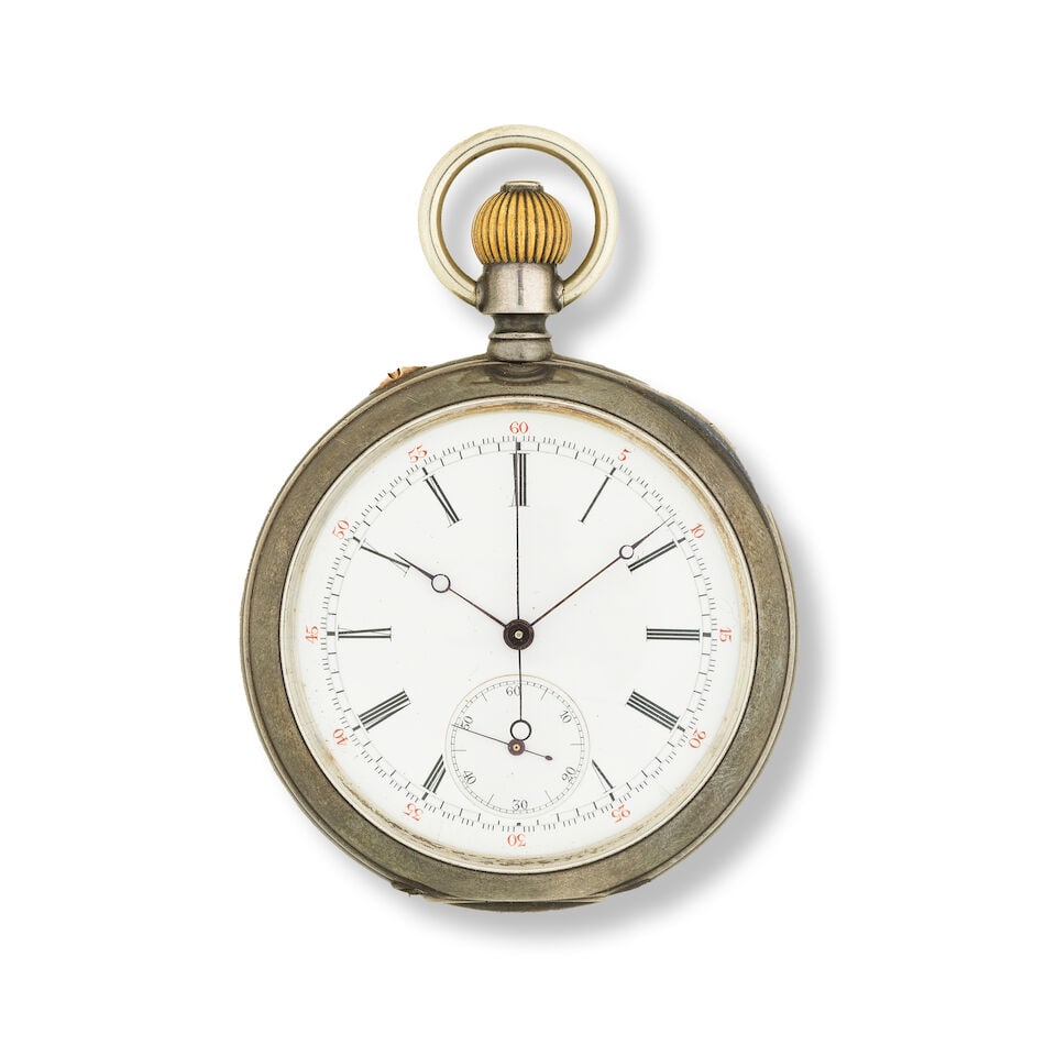 A steel open face keyless wind chronograph pocket watch Chronographe de poche à cadran ouve...: A steel open face keyless wind chronograph pocket watch Chronographe de poche à cadran ouvert en acier remontoir au pendant Date: Circa 1890 Movement: Nickel full plate, Swiss lever, cut and comp