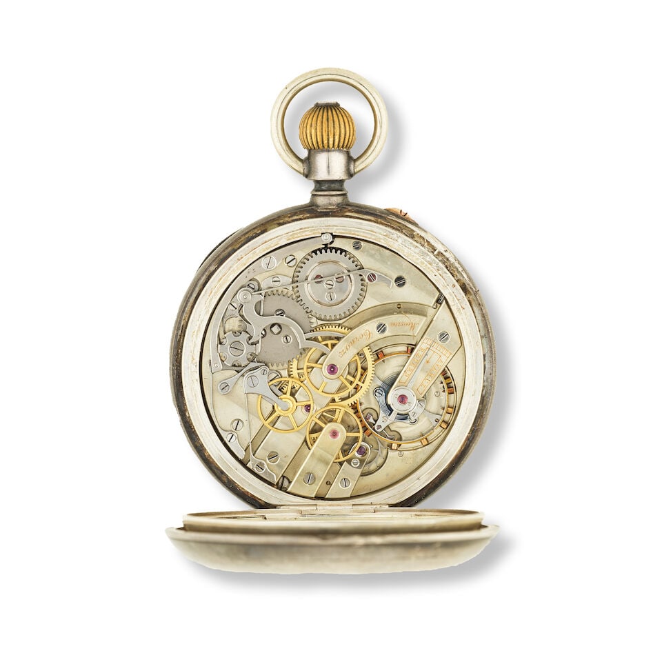 A steel open face keyless wind chronograph pocket watch Chronographe de poche à cadran ouve... - 2