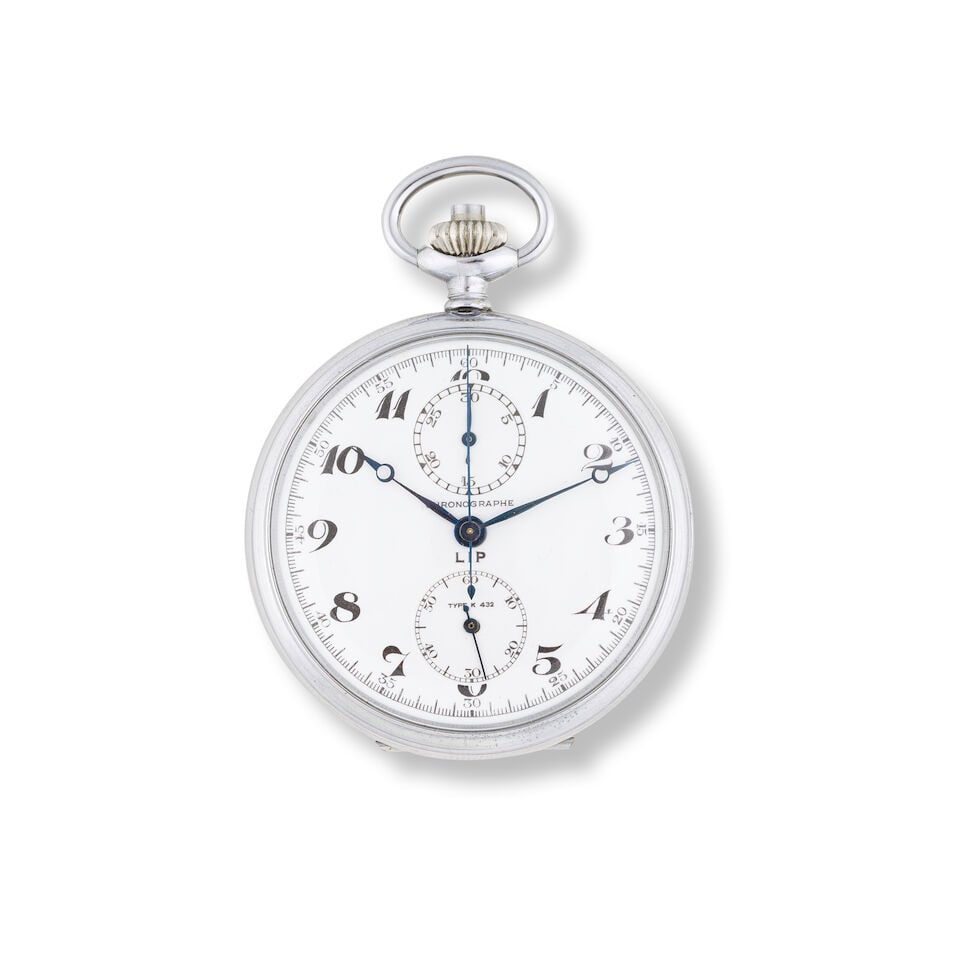 LIP. A nickel plated keyless wind open face military chronograph pocket watch LIP. Chronographe ... (1 of 1)