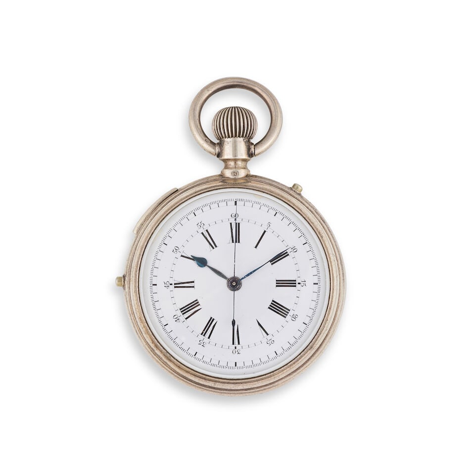 A silver keyless wind open face repeating chronograph pocket watch Chronographe de poche à ...: A silver keyless wind open face repeating chronograph pocket watch Chronographe de poche à cadran ouvert et répétition en argent (800) remontoir au pendant Date: Circa 1920 Movement: Sw