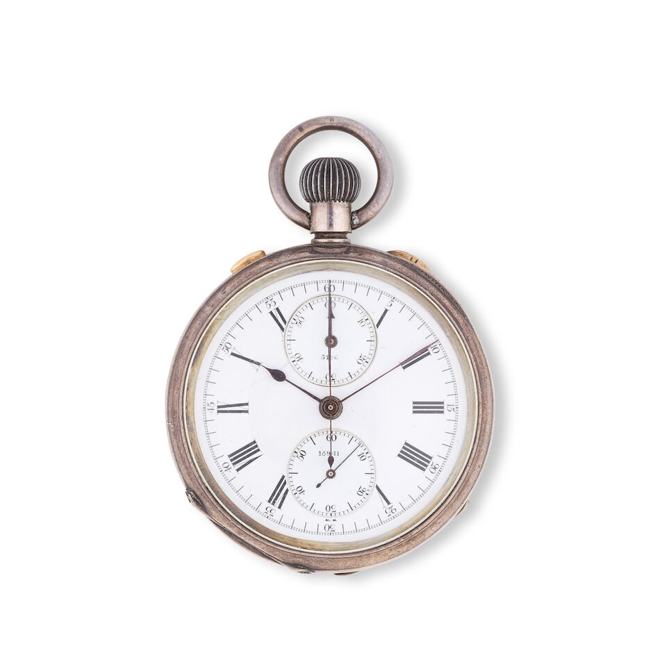 A silver keyless wind split second open face chronograph pocket watch Chronographe de poche ... (1 of 2)