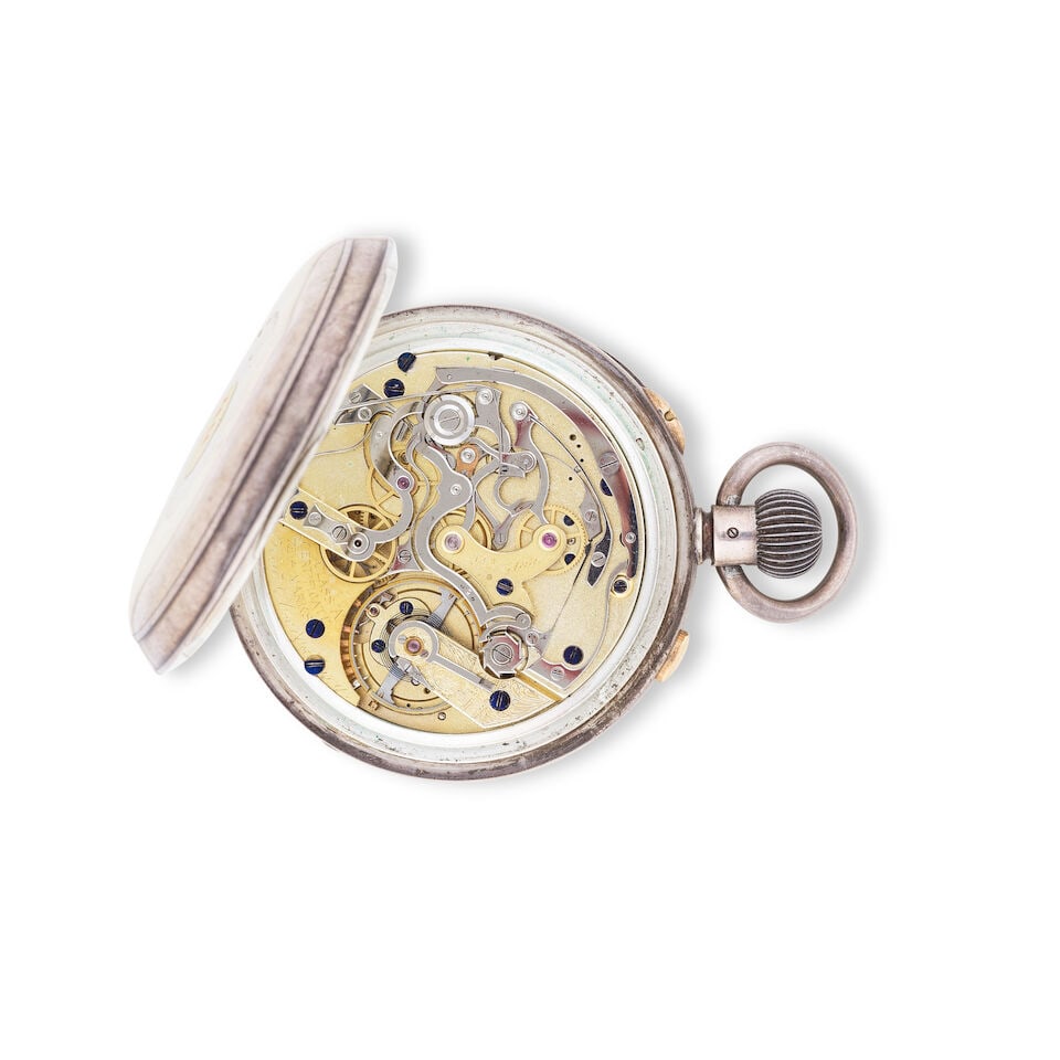 A silver keyless wind split second open face chronograph pocket watch Chronographe de poche ... - 2