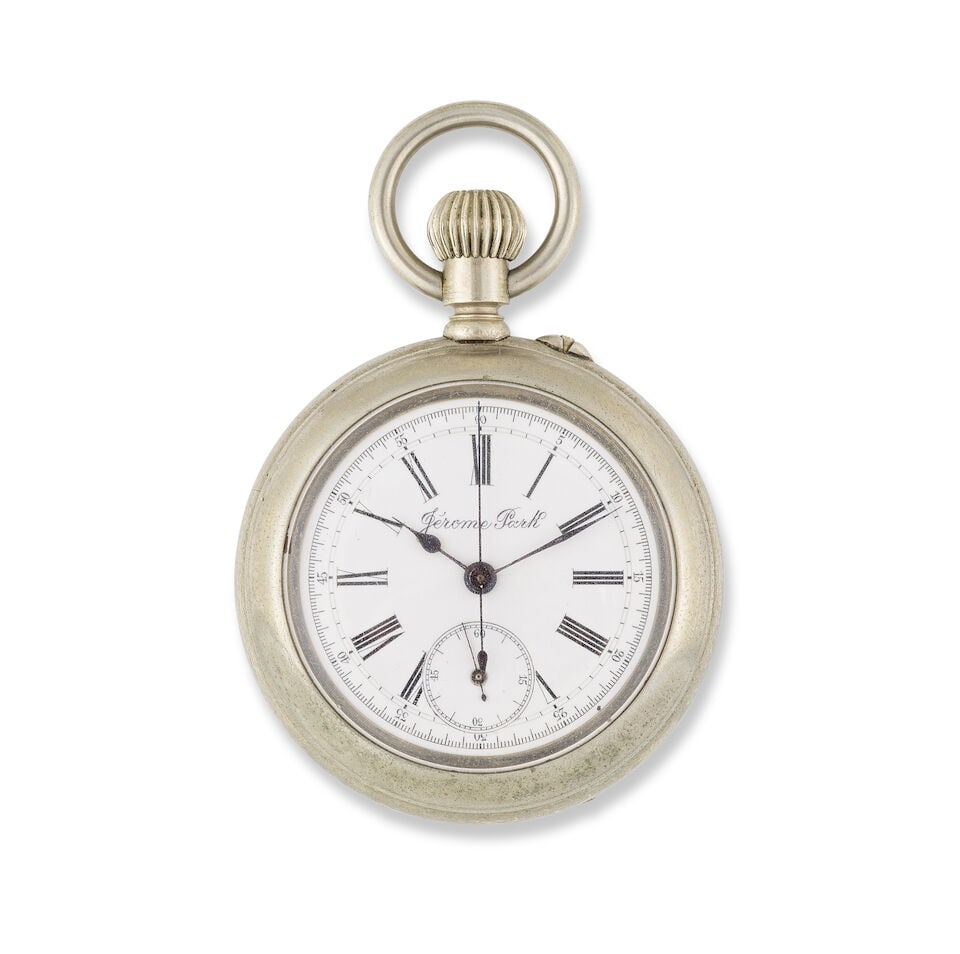 Jérome Park. A white metal keyless wind open face chronograph pocket watch Jérome Park...: Jérome Park. A white metal keyless wind open face chronograph pocket watch Jérome Park. Chronographe de poche à cadran ouvert en metal remontoir au pendant Date: Circa 1930 Movement: Cy