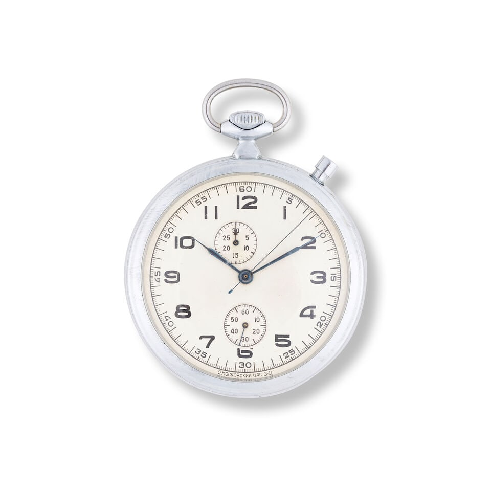 A metal keyless wind open face chronograph pocket watch Chronographe de poche à cadran ouve... (1 of 1)