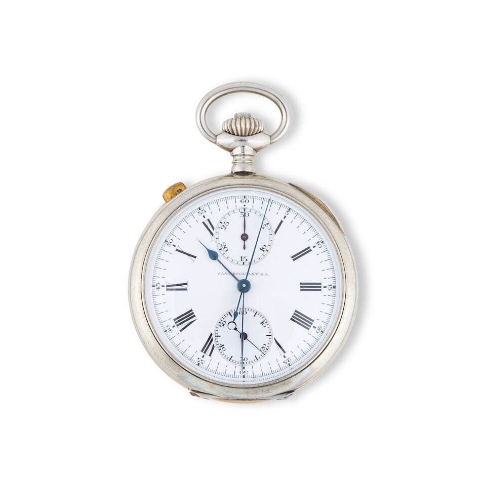 Casa Escasany. A chrome plated steel open face keyless wind split second chronograph pocket watc...: Casa Escasany. A chrome plated steel open face keyless wind split second chronograph pocket watch Casa Escasany. Chronographe de poche à cadran ouvert et fonction rattrapante en acier plaqué