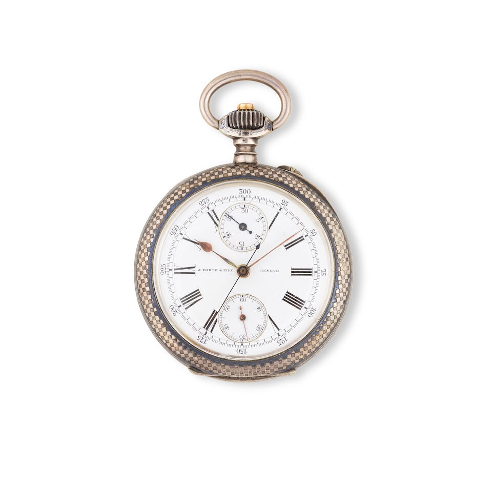Barth & Fils, Genève. A silver open face keyless wind chronograph pocket watch Barth & Fils... (1 of 3)