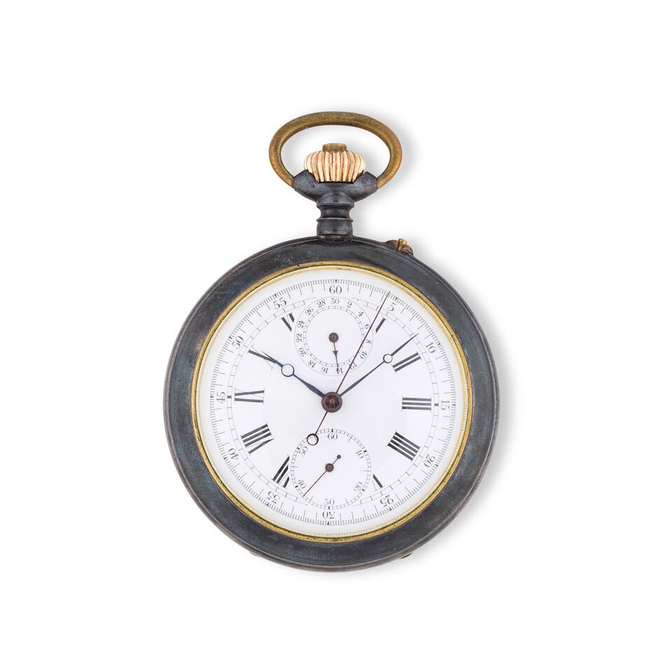 A black metal open face keyless wind chronograph pocket watch Chronographe de poche à cadr... (1 of 2)