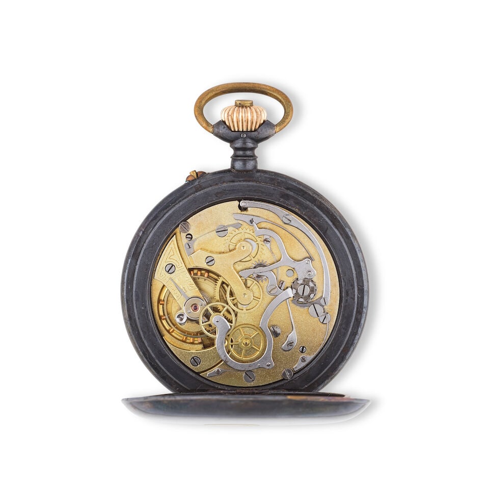 A black metal open face keyless wind chronograph pocket watch Chronographe de poche à cadr... - 2