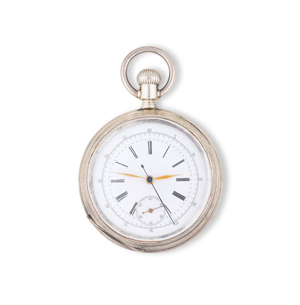 Longines. A silver open face keyless wind chronograph pocket watch Longines. Chronographe de poc... (1 of 3)