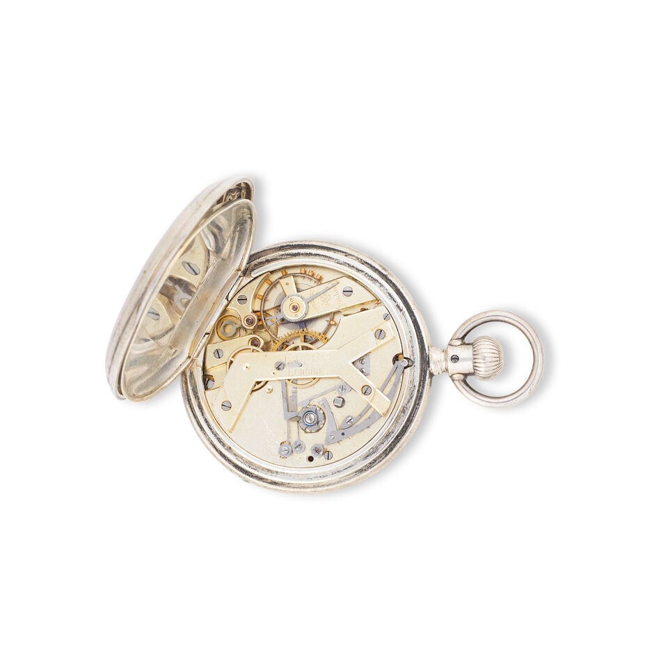 Longines. A silver open face keyless wind chronograph pocket watch Longines. Chronographe de poc... - 2