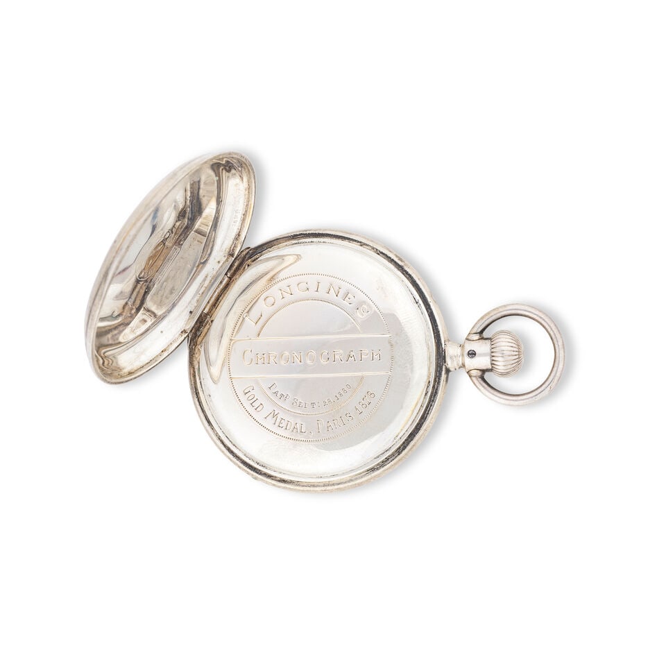 Longines. A silver open face keyless wind chronograph pocket watch Longines. Chronographe de poc... - 3