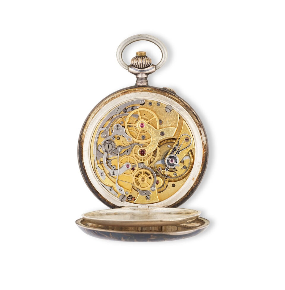 Contetout. A silver and niello open face keyless wind chronograph pocket watch Contetout. Chrono... - 2