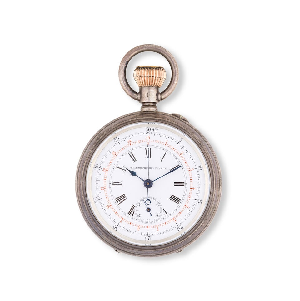 Telemetre Montandon. A silver keyless wind open face chronograph pocket watch Telemetre Montando... (1 of 3)