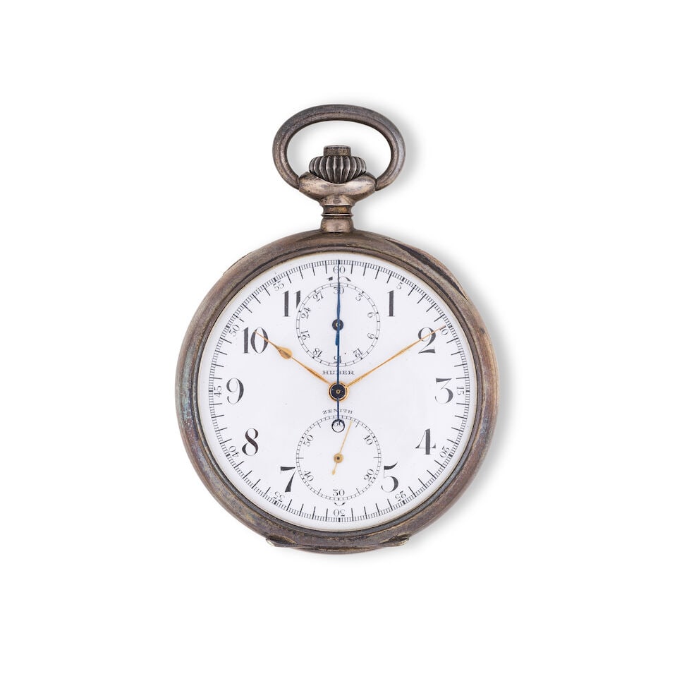 Zenith/Huber. A silver keyless wind open face chronograph pocket watch Zenith/Huber. Chronograph... (1 of 3)