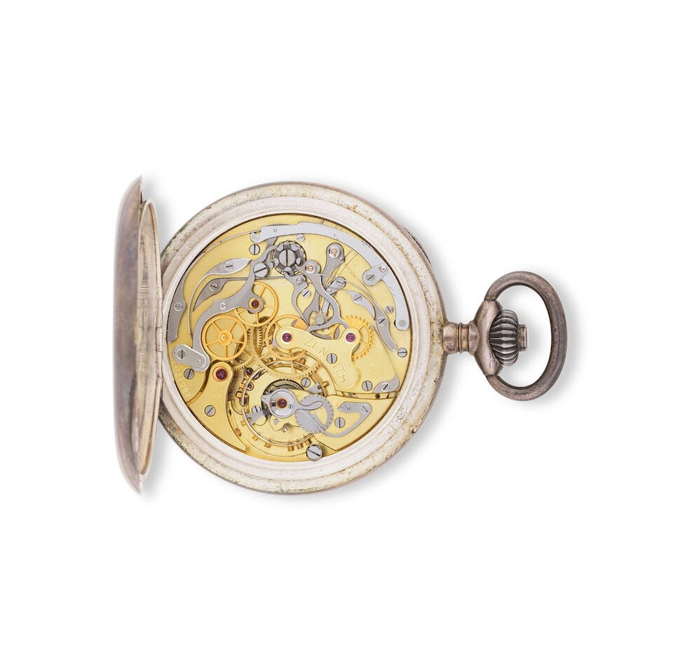 Zenith/Huber. A silver keyless wind open face chronograph pocket watch Zenith/Huber. Chronograph... - 2
